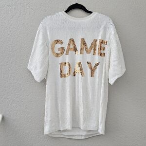 White and Gold Sequin 'Game Day' T-Shirt